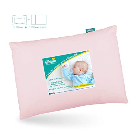 Baby Toddler Pillow for Girls with Pillowcase (13" x 18"), Hypoallergenic Toddler 's Flat Pillows, Oeko-TEX Standard 100 Certificated Soft and Safe Small Travel Pillow Fits Mini Crib or Crib, Pink