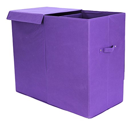 Modern Littles Color Pop Folding Double Laundry Basket with Handles– High-Strength Polymer Construction – Installed Divide for Separating Clothes – Folds for Easy Storage and Transportation – Purple