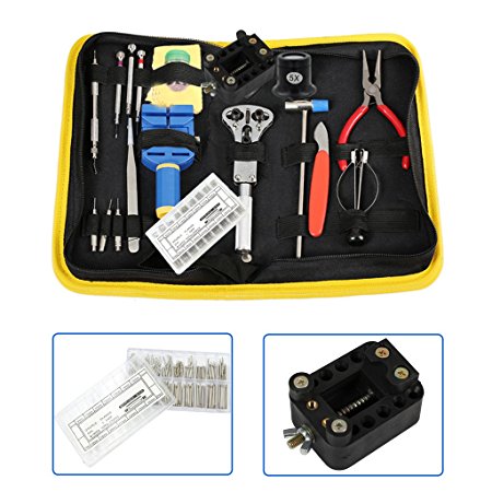 Sumnacon Professional Watchmakers' Tools Case - Watch Repair Tool Kit with Free 270 Pcs Watch Strap Spring Pins(8-25mm)   Watch Holder( for 10-45mm Diameter Watch)