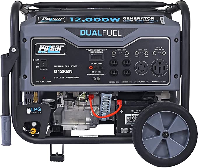 Pulsar G12KBN-SG Heavy Duty Portable Dual Fuel Generator - 9500 Rated Watts & 12000 Peak Watts - Gas & LPG - Electric Start - Transfer Switch & RV Ready - CARB Compliant