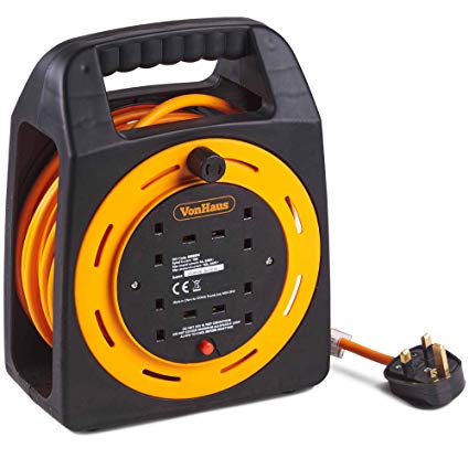 VonHaus Extension Lead Extra Long 15m - 4 Socket Extension Reel with Thermal Cut Out, 13A ideal for Workshops Home Use DIY and more