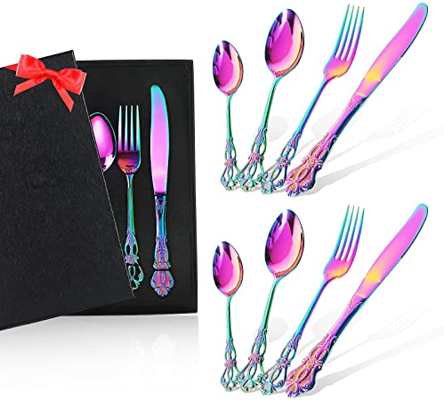 Rainbow Silverware Set, 8-Piece Stainless Steel Flatware Set Service for 2, Pawaca Cutlery Utensil Set Include Knife/Fork/Spoon, Mum Christmas Gifts for Women (Rainbow)
