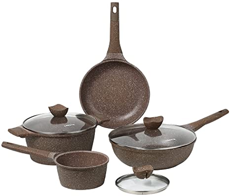 Carote Nonstick Cookware Set, Nonstick Cookware Pans and Pots Set, Terra, PFOA FREE (7 Piece Cookware Set Brown)