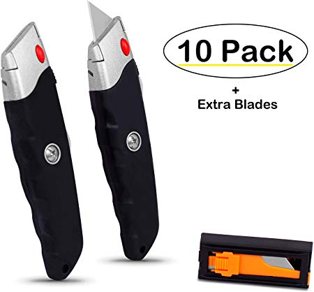 Internet's Best Premium Utility Knife - Set of 10 - Retractable Razor Knife Set – 10 Extra Blade Refills - Box Cutter Locking Razor Knife – Rubber Grip - Black
