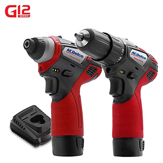 ACDelco G12 Series 2-Tool Combo Kit- 3/8 in 2-Speed Drill/Driver  1/4 in. Hex Power Impact Driver, two battery, charger, ARI12105-K5