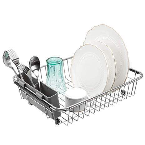 ARCCI Expandable Dish Drying Rack with Utensil Holder Cutlery Tray, Adjustable Dish Drainer, Over Sink Dish Rack, in Sink or on Countertop, Grey Silverware Rack