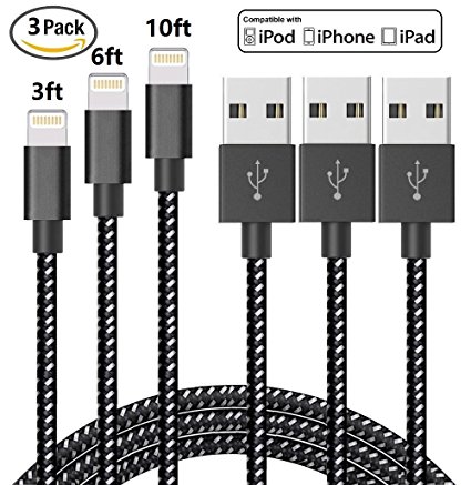 Deepcomp iPhone Charger 3Pack 3FT 6FT 10FT, Nylon Braided 8 Pin Lightning to USB Cable, Compatible with iPhone 7/7 Plus/6s/6s Plus/6/6 Plus/5/5S/5C/SE/iPad and iPod.(black white)