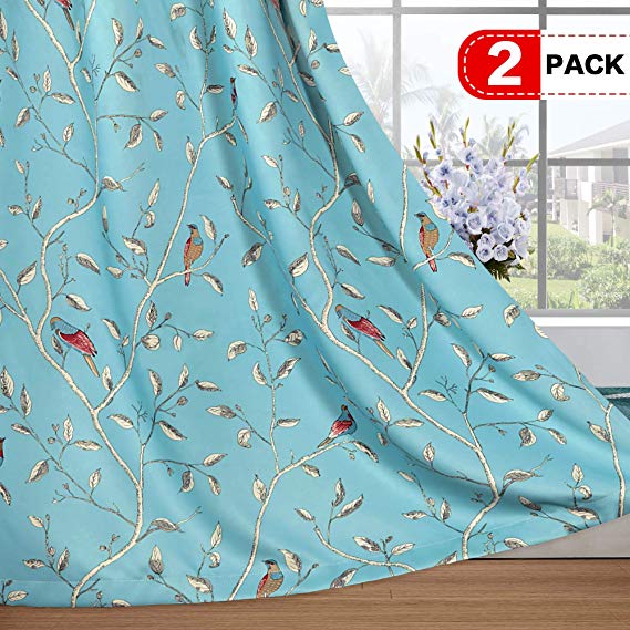 H.VERSAILTEX Bedroom Blackout Curtains Panels Thermal Insulated Grommet Window Treatment Birds Curtain Drapes for Living Room - 52 x 84 inch, Pair Set, Turquoise Blue Birds Pattern