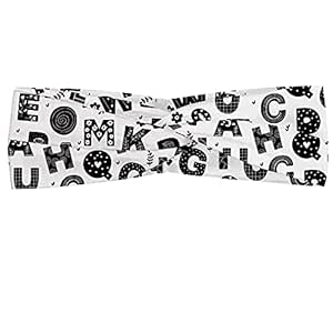 Ambesonne Alphabet Headband Set of 2, Monochrome Design of ABC's in Various Motifs Floral Details Swirls and Streaks, Knotted Elastic Hair Band Accessory for Women Everyday Use, XS-S, Charcoal Grey