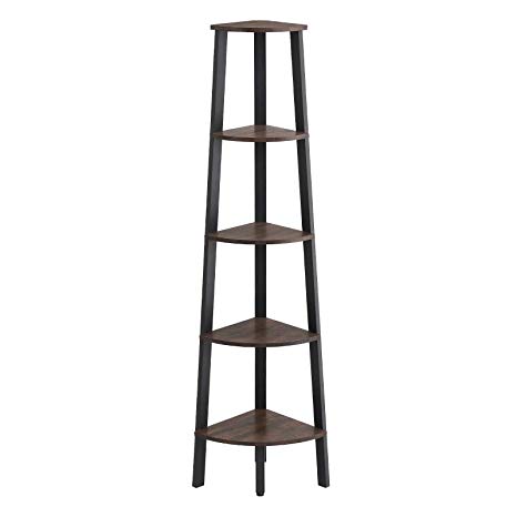 VASAGLE Industrial Corner Shelf, 5-Tier Ladder Bookcase, Storage Rack, with Metal Frame, for Living Room, Home, Office, Rustic Dark Brown, Black ULLS35BF