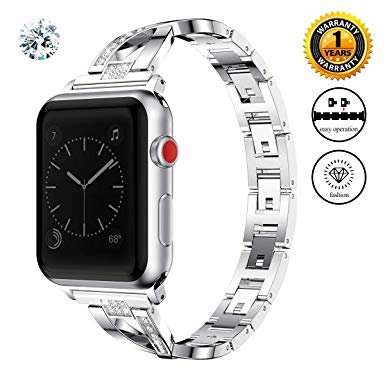 Jomoq Bling Replacement Bands Compatible for Apple Watch Band 38mm 40mm 42mm 44mm Women Iwatch Series 4 3 2 1 Accessories Stainless Steel Wristband, Diamond Rhinestone Sport Strap-Silver Small