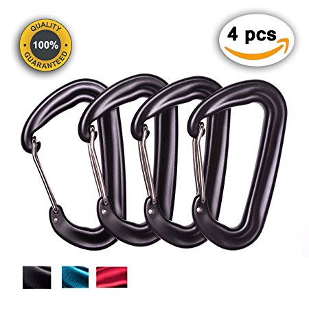 Wiregate Carabiners Clips Aircraft Grade 7075 Aluminium 12KN Rated 2650 LBS Each Mini Lightweight Strong Biner for Hammock Camping Keychain Hiking Pack of 4 Black Blue Red by Outton