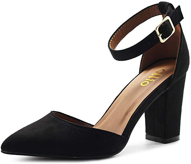 Ollio Women's Shoes Pointed Toe Ankle Straps Chunky Heels Pumps H95