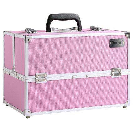Beautify Large Professional Aluminium Pink Beauty Make Up Nail Cosmetic Box Vanity Case