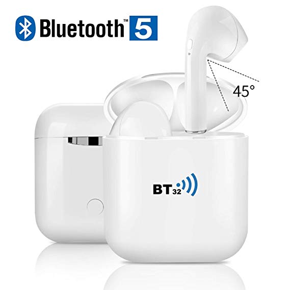BT32 MachAir Plus Upgraded Quality True Wireless Bluetooth 5.0 EDR Earbuds with Charger, Auto Connect, Noise Cancellation and a Built-in Microphone for iPhone, iPad and Android, White