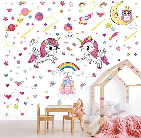 8 Sheets Unicorn Wall Decal with Hearts and Star Colorful Moon Castle Rainbow Clouds Wall Sticker DIY Peel and Stick Wall Sticker Unicorn Stickers Wall Art for Girl Kid Bedroom Nursery Birthday Party