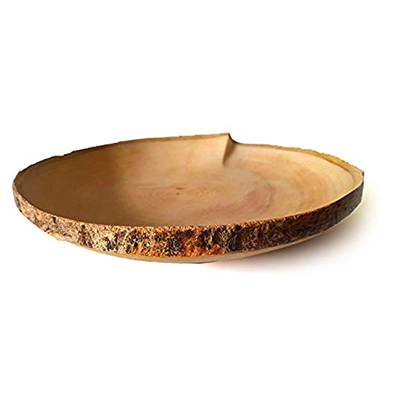roro Handcarved Mango-Wood Creased Serving Plate with Bark Edges, 12 Inch