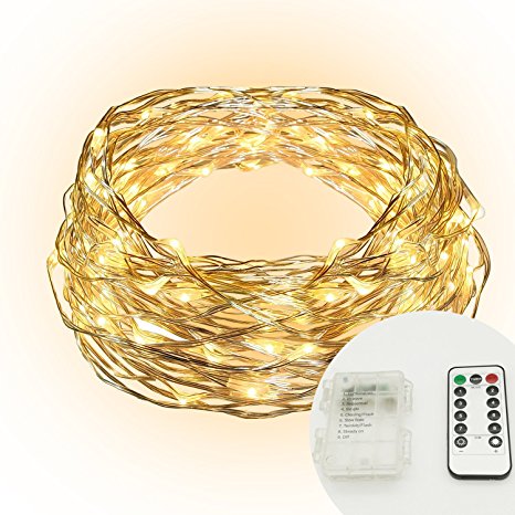 8 Modes 100 LED Fairy String Lights Waterproof Battery Operated 33 FT Copper Wire Firefly Remote Control (Warm White)