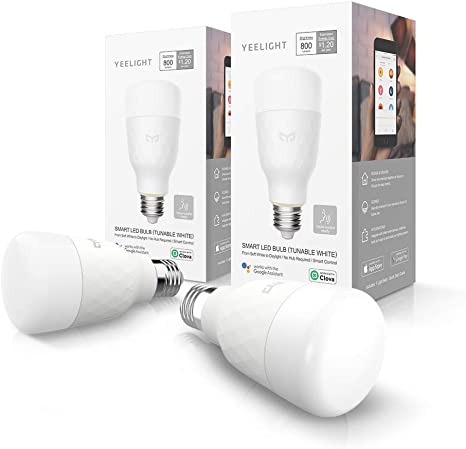 2 Pack Yeelight Smart Light Bulb，Dimmable and Tunable White，App & Voice controll Wi-Fi Smart Bulb，Alexa Compatible，no hub Bridge Switch Required，2700K-6500K A19 60W Equivalent Smart Home LED Bulbs