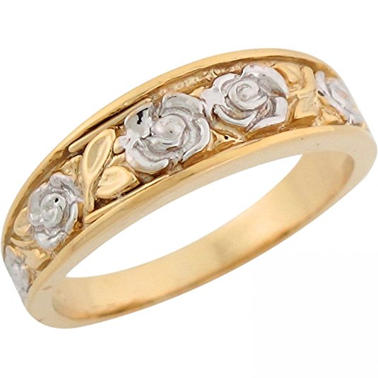 14k Two Tone Gold Rose Flowers & Leaves Design Pretty Ladies Band Ring