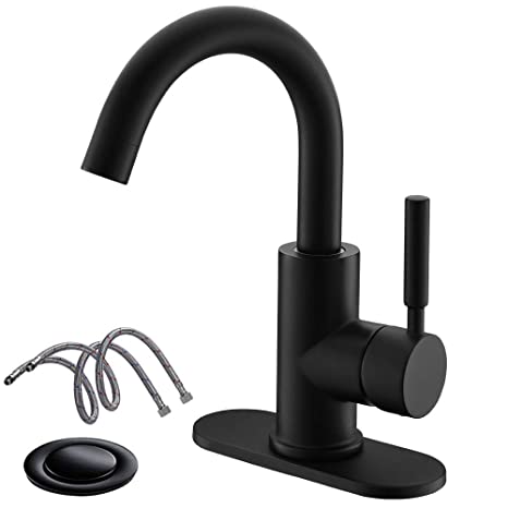 Single-Handle High-Arc Stainless Steel Faucet For Pre-Kitchen Sink/Bar Sink/Bathroom Sink By Phiestina, With 4 Inch Deck Plate And Supply Hoses, Matte Black, WE08E-MB