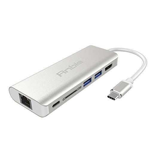 Anble USB Type C to HDMI 4K, 2-Port USB3.0, Card Reader, USB C Power and Gigabit Ethernet Adapter (Silver)