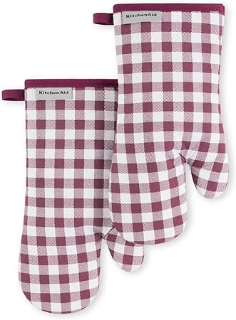 KitchenAid Gingham Oven Mitt 2-Pack Set, Beet, 7"x13"