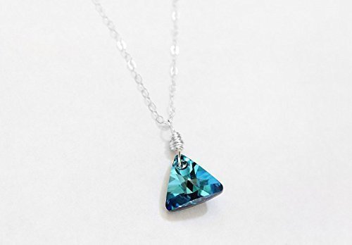 Triangle necklace, Bermuda Blue Swarovski necklace, Geometric pendant, Solid sterling silver, Deep ocean sea blue jewelry, Modern geometric pendant, Dainty accessory