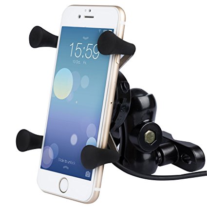 Motorcycle X-Grip Clamp Stand Holder, TurnRaise Holder Stand Mount Bracket w/ USB Charger Socket for iPhone 5 5s 6 6Plus/ Samsung Galaxy and Other Smartphones