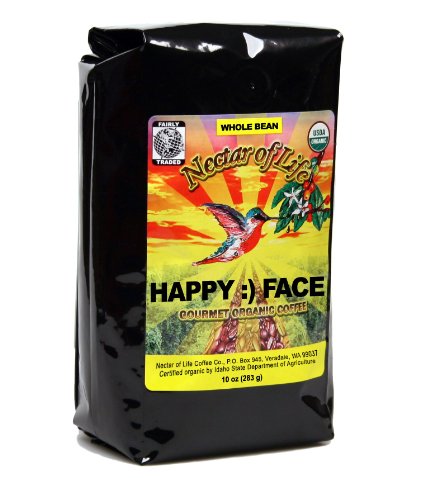 Happy Face Organic Coffee, from Nectar of Life. Dark Roasted, Whole Bean Coffee. Smoky & Toasty Flavor. South American & Indonesian Coffee Origins. 100% Fair Trade Coffee. FDA Cert. 10oz Bag.