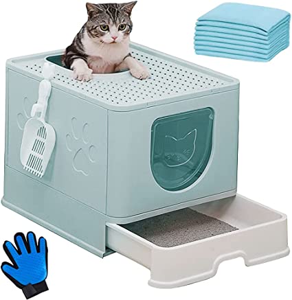 kathson Large Foldable Cat Litter Box Pan with Lid Enclosed Cat Potty with Drawer Top Entry Anti-Splashing Cat Toilet Supplies Including Pet Pee Pads Litter Scoop Cleaning Glove