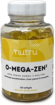 NuTru O-Mega-Zen3 Vegan Supplement - Algal Omega3 Essential Fatty Acids - 400 mg DHA - for Brain, Joint & Heart Health - 120 Vegan Softgels