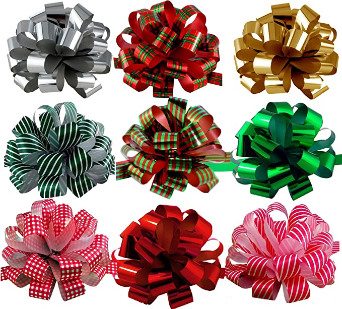 Assorted Large Christmas Pull Bows for Gifts, Wreaths, Garlands - 8" Wide, Set of 9, Metallic Red, Green, Gold, Silver