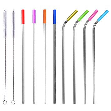 Stainless Steel Straws, 10.5” Long Reusable Replacement Metal Straws for 20 30 OZ Yeti Tumbler, RTIC, Tervis, Ozark Trail, Starbucks, Mason Jar, Set of 8 with Silicone Tips & Cleaning Brush