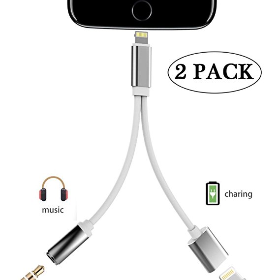 Lightning Adapter Cable Charge,iPhone 7/7 Plus Adapter 2Pack,VOWSVOWS iPhone 7/7 Accessories 2 in 1 Lightning Adapter Cable Charge and Headphone Splitter (IOS 10.3) (Silver)