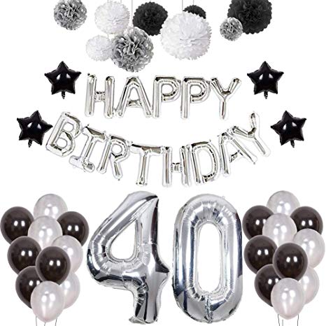 40th Birthday Decorations, Puchod Happy Birthday Banner Number 40 Foil Ballon Party Decorations Set with Tissue Paper Pom Pom Balls Black & Sliver for Men