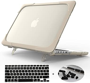 Mektron Shockproof Outer Hard Case Cover with TPU Bumper & Foldable Stand For Macbook Pro 15 with Retina Display (Model A1398 2015 Release) with Dust Plug & Keyboard Cover (Khaki)
