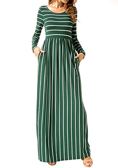 levaca Women's Long Sleeve Pleated Pockets Loose Casual Maxi Long Dress