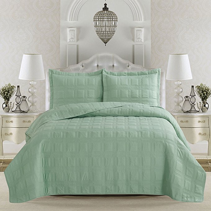 Home Fashion Designs Terra Collection 3-Piece Luxury Quilt Set with Shams. Soft All-Season Microfiber Bedspread & Coverlet in Solid Colors with Embroidered Box Design. By Brand. (F/Q, Smoke Green)