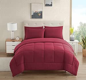 Dorm Room Essentials College Bedding Comforter Set 5 Piece Twin Size Bed in a Bag for College Students Boys and Girls, Twin, Burgundy