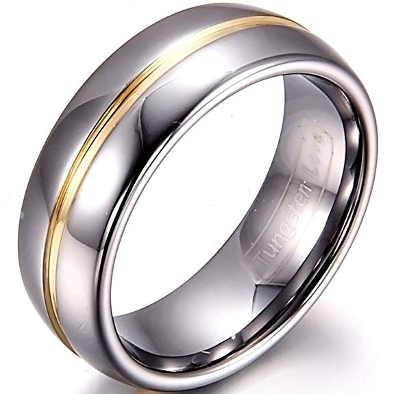 JewelryWe 8mm Two Tone Mens Gold Groove Inset Tungsten Carbide Rings Anniversary/Engagement/Wedding Bands