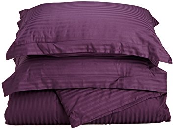 Superior 100% Premium Combed Cotton, Soft Single Ply Sateen, 3-Piece Duvet Cover Set, Stipe, King/California King - Plum