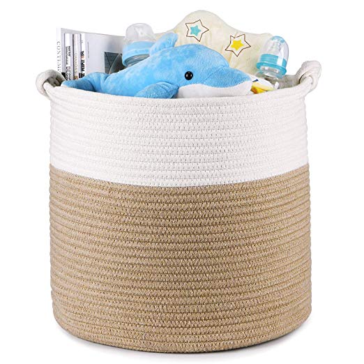 Magicfly Nursery Storage Basket, 15 X 15 X 14 Inch Woven Storage Baskets for Toys, Laundry, and Baby Blankets, Cotton Rope Baskets Large Baby Organizer, Beige & White