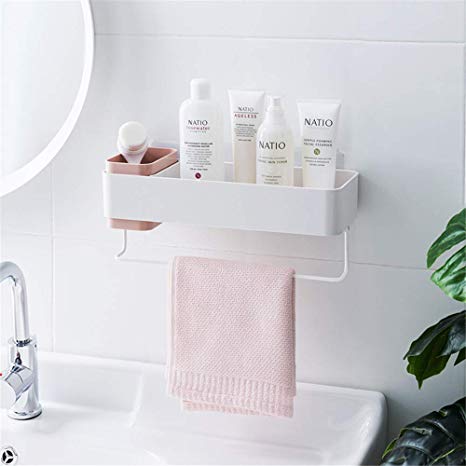 Bathroom Organizers Adhesive Shelf Storage with Towel Bar, Wall Mounted Floating Shelves Corner Suction, Shampoo Shower Caddy Rack, Pink