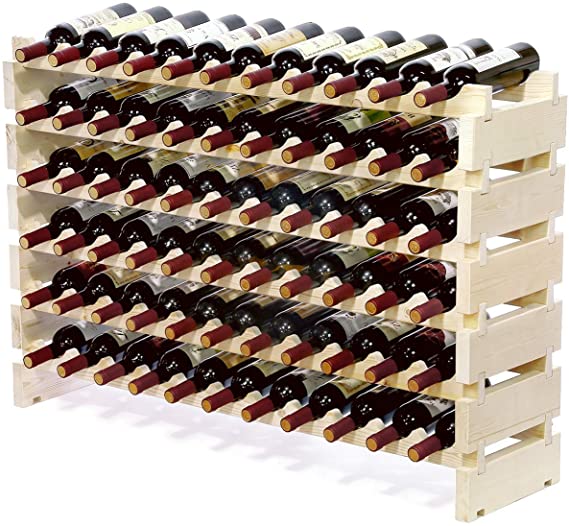 BonusAll 66 Bottle Stackable Modular Wine Rack Large Wine Storage Rack Free Standing Solid Natural Wood Wine Holder Display Shelves, Wobble-Free (Six-Tier, 66 Bottle Capacity)