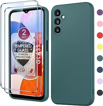 𝐆𝐚𝐥𝐚𝐱𝐲 𝐀𝟏𝟒 𝟓𝐆 𝐏𝐡𝐨𝐧𝐞 𝐂𝐚𝐬𝐞, Samsung A 14 5g Case with 2 Pack Tempered Glass Screen Protector for Women Men, LeYi Liquid Silicone Slim Silky-Soft Protective Case Samsung A14 5G, Green