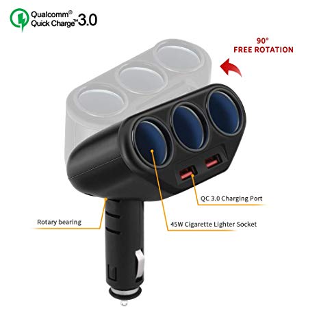 [Updated Version]Cigarette Lighter Adapter 3 Socket Cigarette Lighter Splitter, Rocketek 2-Port USB Quick Charge 3.0 Car Charger 120W 12V/24V Car Power DC Outlet Adapter for CellPhone/GPS/DashCam et