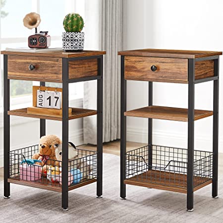 VECELO Tall Side End Tables,3-Tier Beside Stand with Storage Basket,Industrial Style for Couch Sofa,Living Room Bedroom Kitchen, Study,Stable Wood and Metal Frame,Set of 2,Rustic Brown