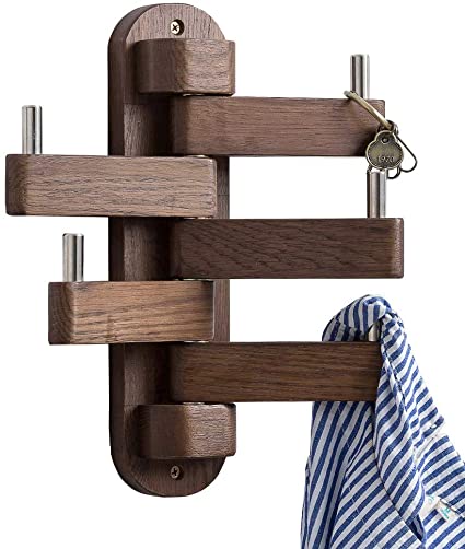 INMAN Coat Hooks, Natural Walnut Wood Swivel Hooks Wall Mounted Towel Hook with 5 Folding Swing Arms - Foldable Rotating Coat Hanger for Bathroom Entryway Bedroom Office Kitchen, Heavy Duty