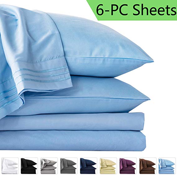 LIANLAM King 6 Piece Bed Sheets Set - Super Soft Brushed Microfiber 1800 Thread Count - Breathable Luxury Egyptian Sheets Deep Pocket - Wrinkle and Hypoallergenic(King, Lake Blue)